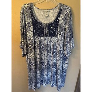 Catherines Womens 2X Boho Peasant Blouse Blue White Jersey Paisley